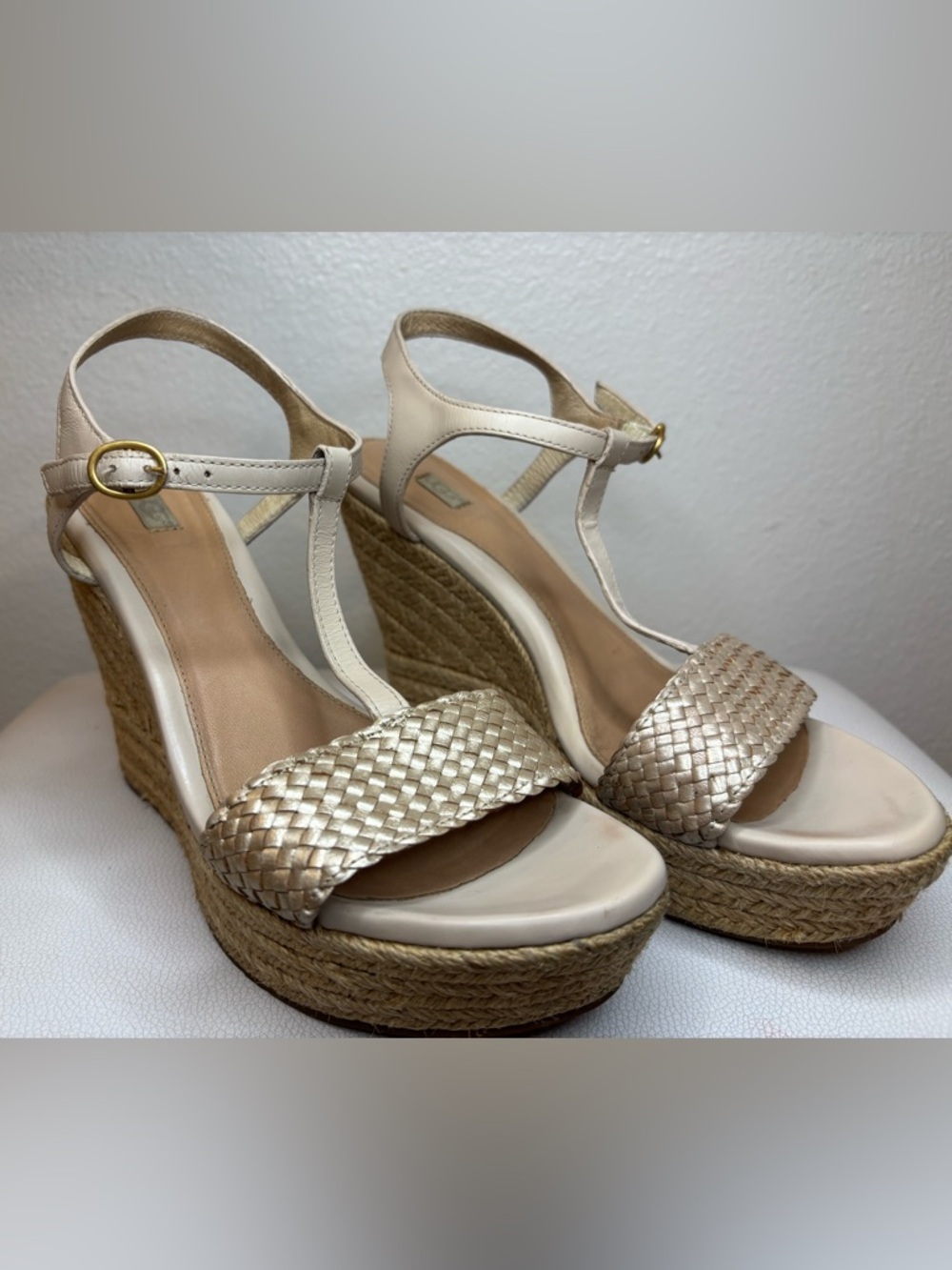 Ugg leather Wedge Espadrille Sandals - Neutral Metallic Braided Strap
